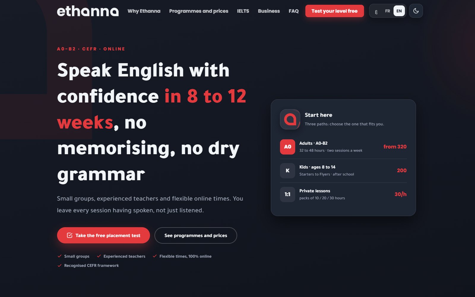 Ethanna online English platform landing page